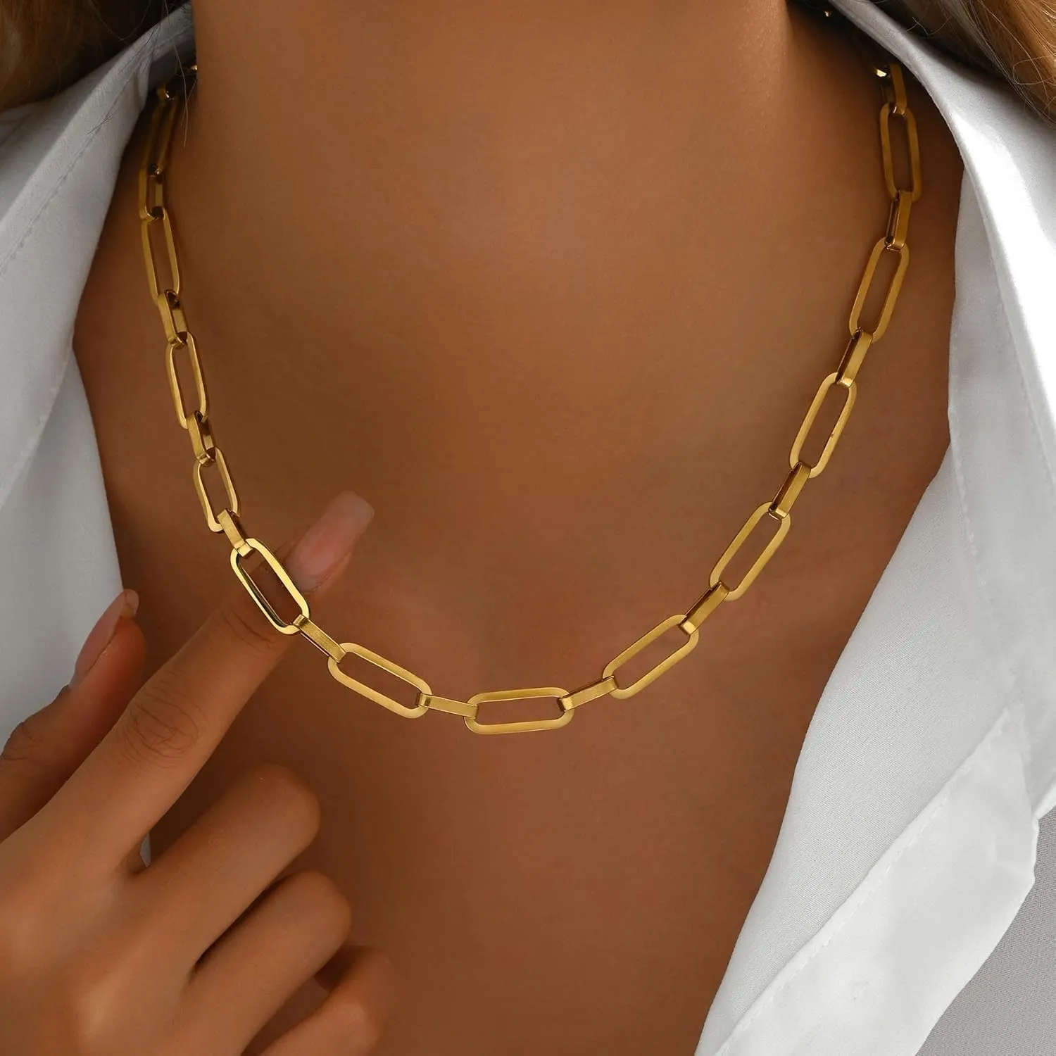 Chunky Necklace for Women 18K Gold Plated Thick Chain Dainty Figaro Cuban Paperclip Chain Simple Beaded Necklace Trendy Gold Chain Jewelry Gift