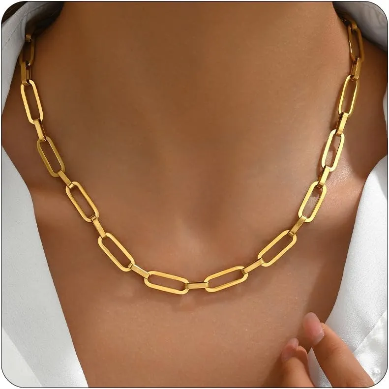 Chunky Necklace for Women 18K Gold Plated Thick Chain Dainty Figaro Cuban Paperclip Chain Simple Beaded Necklace Trendy Gold Chain Jewelry Gift