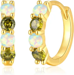 CiNily Small Gold Huggie Hoop Earrings for Women, 14K Gold Plated Sterling Silver Post Mini Cartilage Earrings Hypoallergenic Opal Hoops Lightweight Peridot Cubic Zirconia Hoops Earrings 13mm