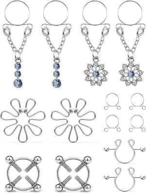 Cisyozi 5Pairs Stainless Steel Fake Nipple Rings for Women Non-Piercing Dangle Nipplerings Faux Body Piercing Jewelry