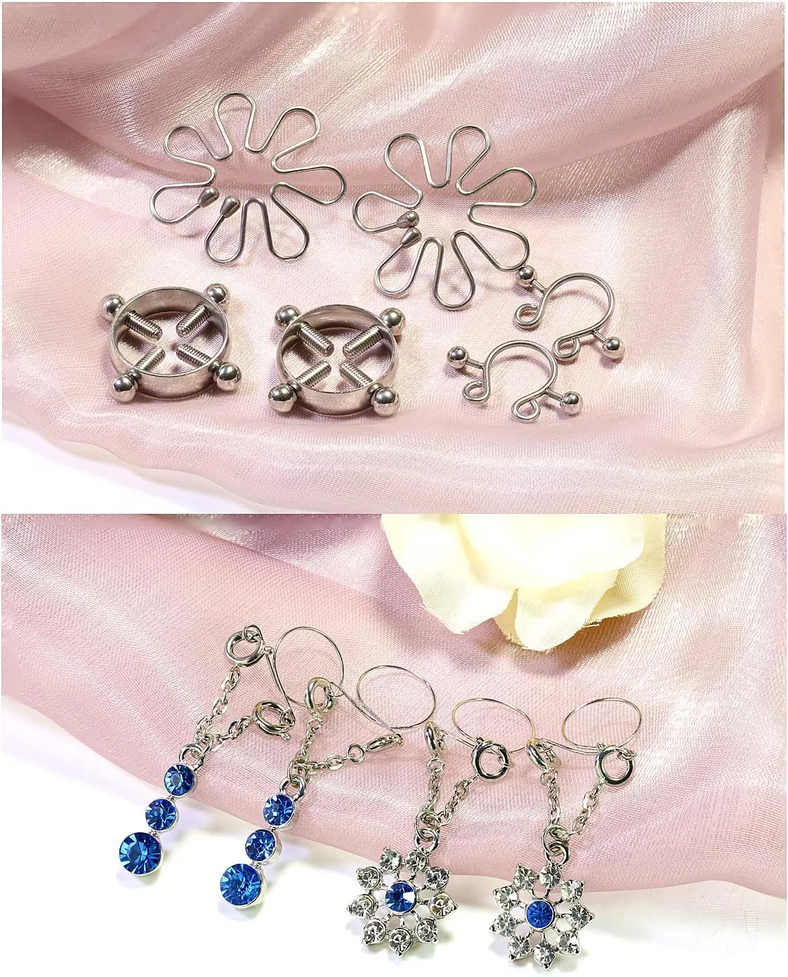 Cisyozi 5Pairs Stainless Steel Fake Nipple Rings for Women Non-Piercing Dangle Nipplerings Faux Body Piercing Jewelry