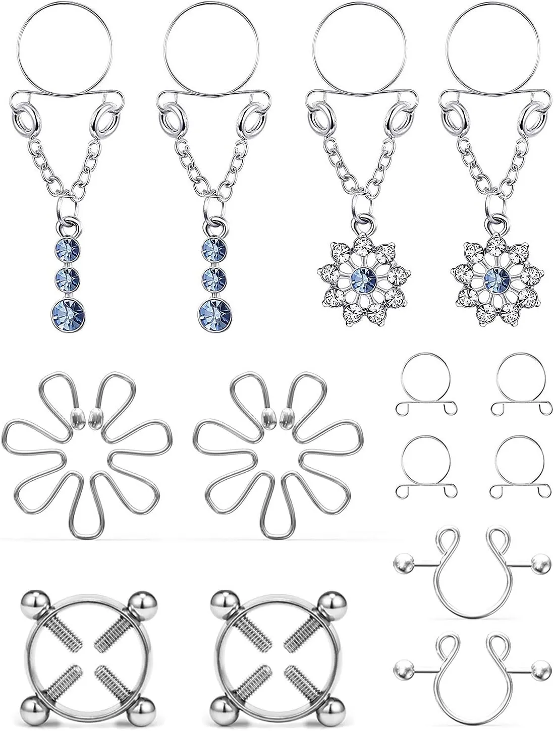 Cisyozi 5Pairs Stainless Steel Fake Nipple Rings for Women Non-Piercing Dangle Nipplerings Faux Body Piercing Jewelry