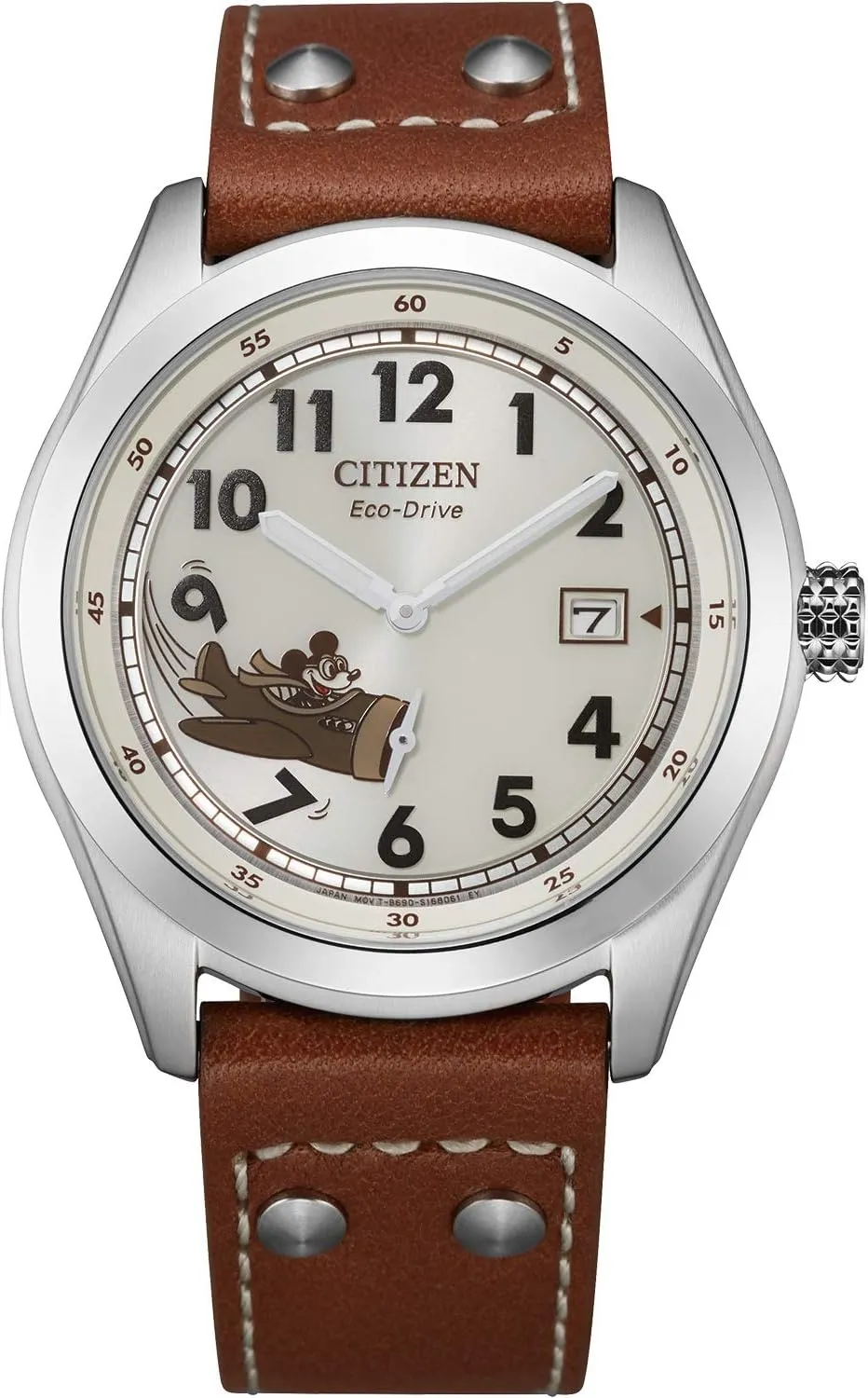Citizen Eco-Drive Men's Disney Mickey Mouse Aviator Watch, Stainless Steel with Brown Leather Strap, 3-Hand Date, 40mm (Model: BV1088-08W)