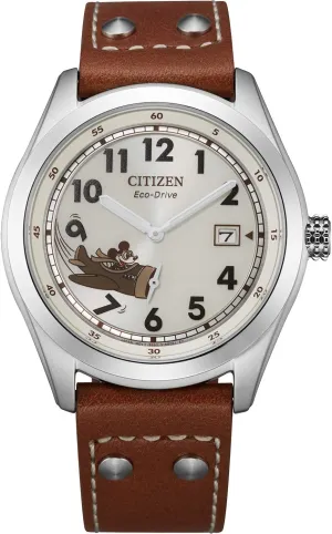Citizen Eco-Drive Men's Disney Mickey Mouse Aviator Watch, Stainless Steel with Brown Leather Strap, 3-Hand Date, 40mm (Model: BV1088-08W)