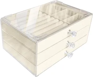 Clear Acrylic Velvet Jewelry Organizer with 3 Drawers, Stackable Display Storage Earrings Necklace Rings Bracelets Box Holder Case for Women, Beige