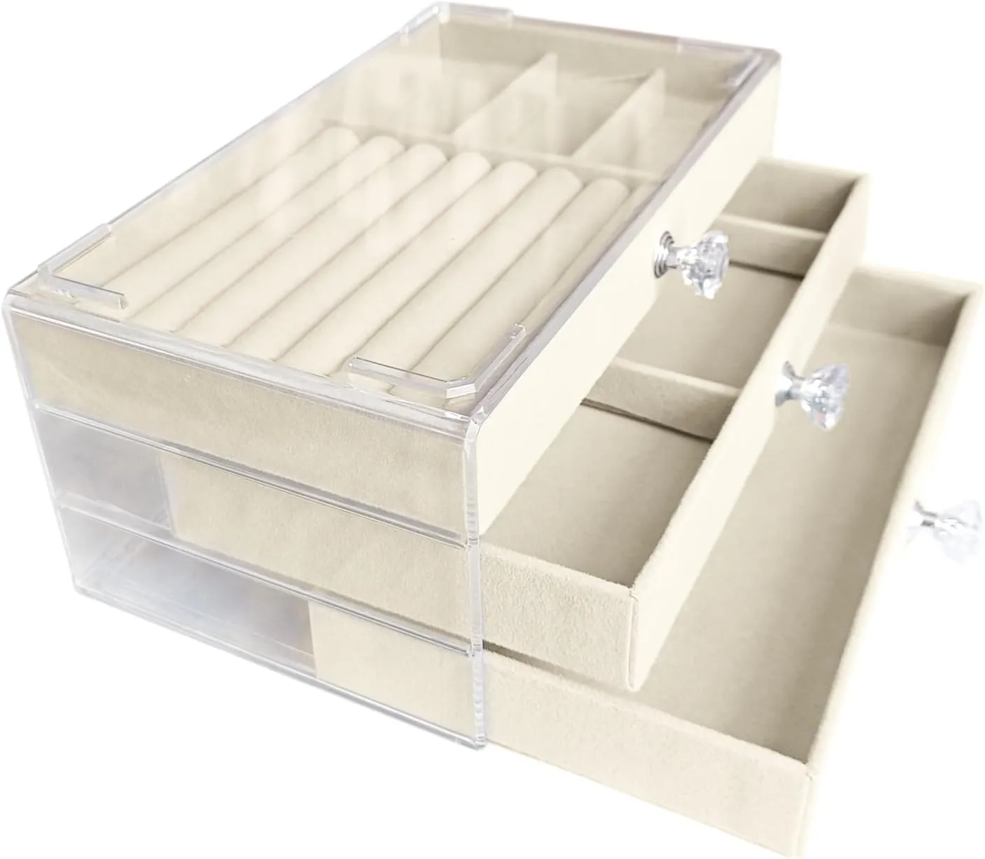 Clear Acrylic Velvet Jewelry Organizer with 3 Drawers, Stackable Display Storage Earrings Necklace Rings Bracelets Box Holder Case for Women, Beige