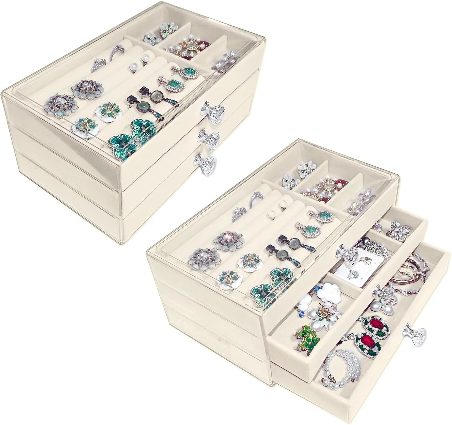 Clear Acrylic Velvet Jewelry Organizer with 3 Drawers, Stackable Display Storage Earrings Necklace Rings Bracelets Box Holder Case for Women, Beige
