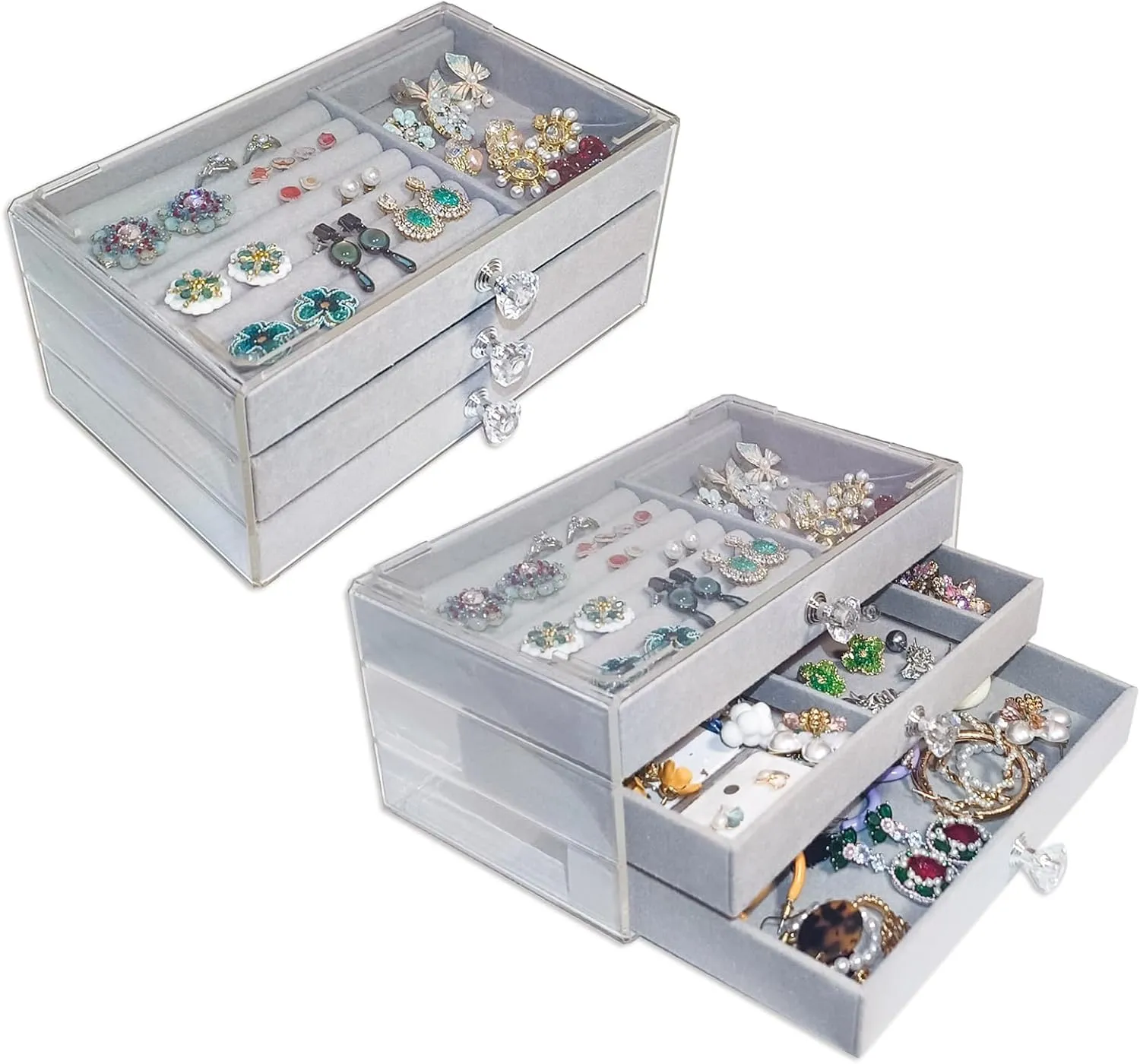 Clear Acrylic Velvet Jewelry Organizer with 3 Drawers, Stackable Display Storage Earrings Necklace Rings Bracelets Box Holder Case for Women, Grey