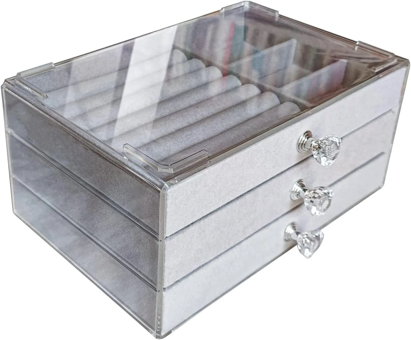 Clear Acrylic Velvet Jewelry Organizer with 3 Drawers, Stackable Display Storage Earrings Necklace Rings Bracelets Box Holder Case for Women, Grey