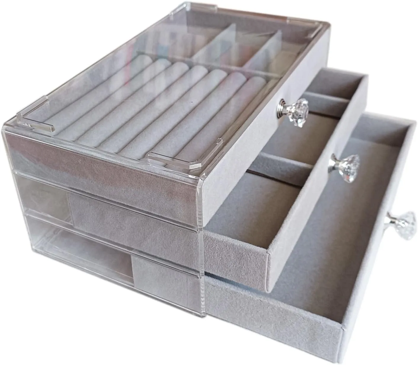 Clear Acrylic Velvet Jewelry Organizer with 3 Drawers, Stackable Display Storage Earrings Necklace Rings Bracelets Box Holder Case for Women, Grey