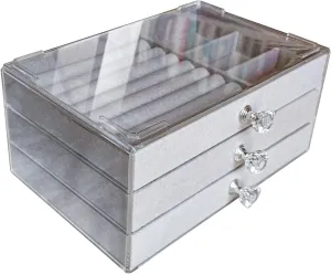 Clear Acrylic Velvet Jewelry Organizer with 3 Drawers, Stackable Display Storage Earrings Necklace Rings Bracelets Box Holder Case for Women, Grey