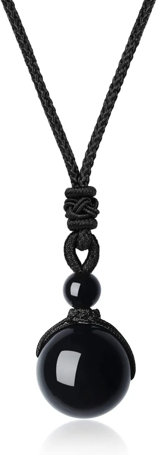 COAI Black Stone Black Obsidian Necklace for Men Women, Simple Crystal Necklace
