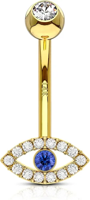 COCHARM 14K Solid Gold Belly Button Ring, 14G Yellow Gold Navel Piercing Jewelry with Evil Eye Design, 10mm, Hypoallergenic