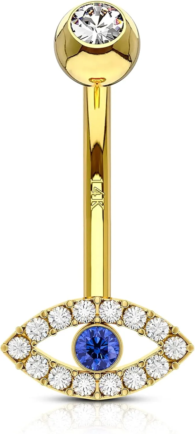 COCHARM 14K Solid Gold Belly Button Ring, 14G Yellow Gold Navel Piercing Jewelry with Evil Eye Design, 10mm, Hypoallergenic