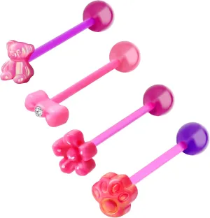 COCHARM 4PCS 14g Plastic Hot Pink Tongue Rings for Women Flexible Bear Tongue Rings Cute Paw Tongue Barbell 14 Gauge Acrylic Flower Tongue Ring Set Bow Tongue Piercing Jewelry