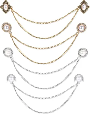 Collar Chain, 4Pcs Vintage Sweater Shawl Chain Clips Antique Cardigan Collar Clips Cloak Chain Holders Gold Silver Brooch Pin for Women Men Lapel Suit Dress Decoration