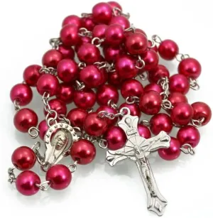 Colorful 8mm Cross Rosary Beads Pendant Necklace Imitation Pearl Cross Pendant Rosary Cross Necklace Catholic Religious Jewelry