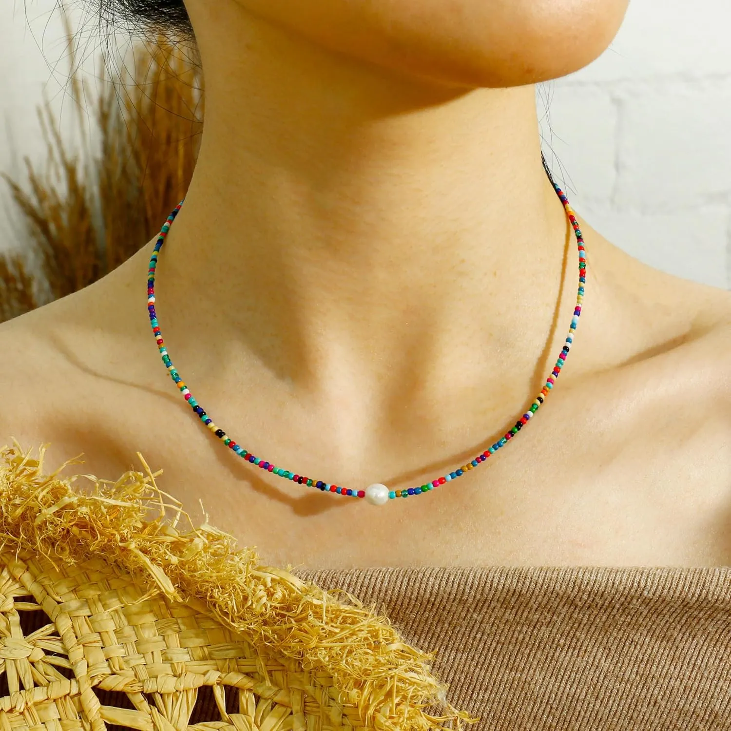 Colorful Beaded Choker Necklace For Women Short Statement Boho Beaded Pearl Adjustable Necklace For Women Summer Beach Jewelry Gift