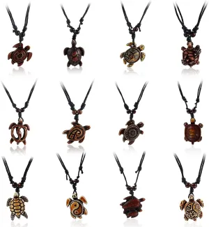 COLORFUL BLING 12pcs Artificial Bone Carving Sea Turtles Pendant Necklaces Set Medallion Symbol Adjustable Cotton Cord Yin Yang Hawaiian Surfer Lucky Amulet Jewelry for Women Men Unix