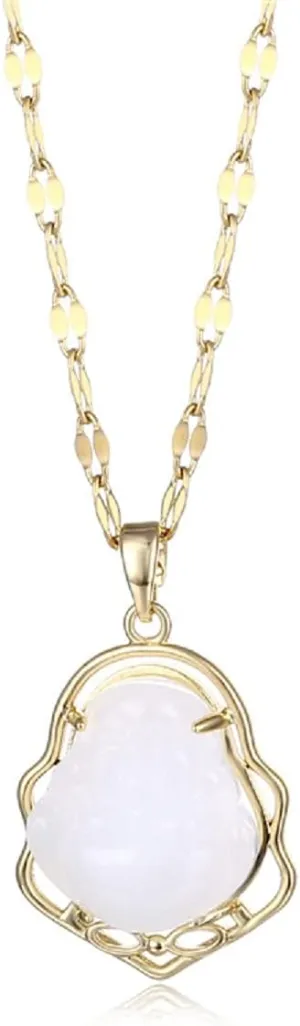 COLORFUL BLING 18k Gold Plated Laughing Buddha Pendant Necklace Green Jade Cubic Zirconia Gemstone Lucky Amulet Jewelry for Women Men
