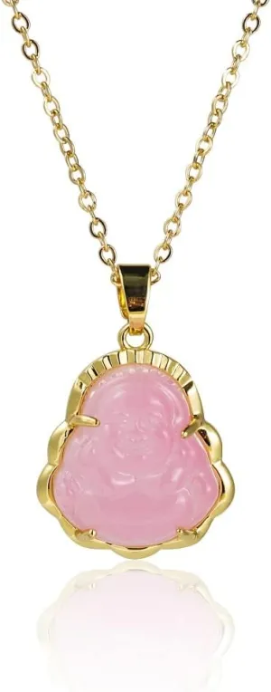 COLORFUL BLING 18k Gold Plated Laughing Buddha Pendant Necklace Green Jade Cubic Zirconia Gemstone Lucky Amulet Jewelry for Women Men