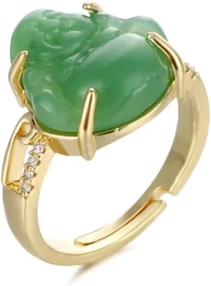 COLORFUL BLING 18k Gold Plated Laughing Buddha Ring Green Jade Cubic Zirconia Gemstone Open Cuff Adjustable Lucky Amulet Jewelry for Women Men