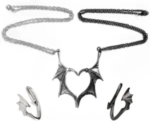 COLORFUL BLING 2pcs Gothic Matching Love Heart Pendant Necklaces Set Dragon Bat Wing Choker Friendship Lovers Couples for Women Men Cool BFF Jewelry