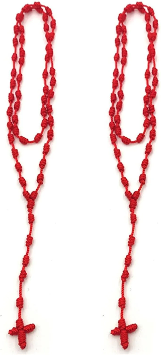 COLORFUL BLING 2PCS Handmade Catholic Rosary Cross Necklace Set Knotted Cord Rope Necklace Good Luck Protection Amulet Religious Christian Jewelry