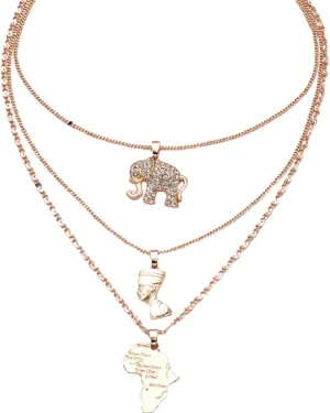 COLORFUL BLING 3 Layered Africa Map Choker Necklace Crystal Elephant Layered Pendant Necklace Chains Gold Gothic Egyptian Queen Beach Adjustable Jewelry Dainty Accessory for Women