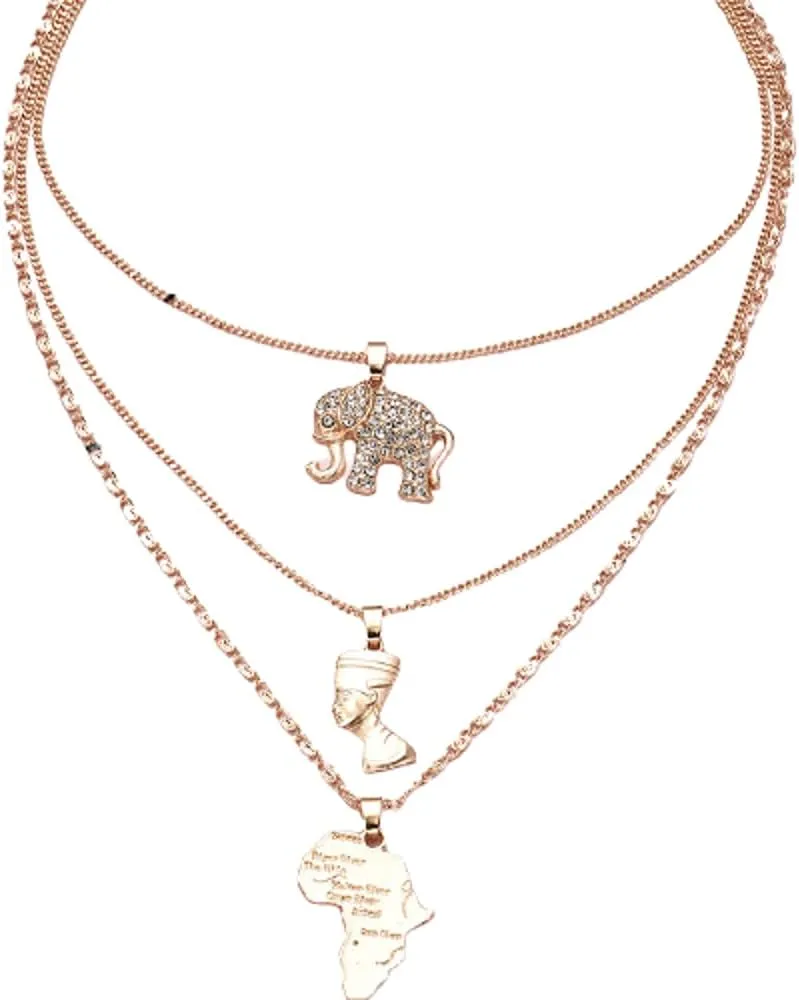 COLORFUL BLING 3 Layered Africa Map Choker Necklace Crystal Elephant Layered Pendant Necklace Chains Gold Gothic Egyptian Queen Beach Adjustable Jewelry Dainty Accessory for Women
