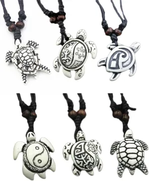 COLORFUL BLING 6Pcs Handmade Carved Sea Turtles Tortoises Pendant Necklaces Rope Chain Resin Beach Ocean Animals Necklace Jewelry for Mens