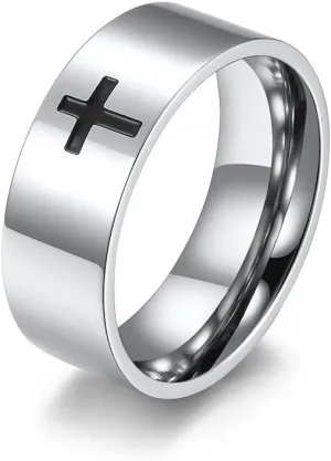 COLORFUL BLING 8MM Mens Cross Rings Stainless Steel Religious Rings Christian Prayer Ring for Couples Cross Wedding Band for Men Size 6-12