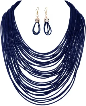 COLORFUL BLING African Multicolor Layered Chunky Bib Necklace for Women Tassel Wax Line Choker with Earrings Statement Jewelry Set
