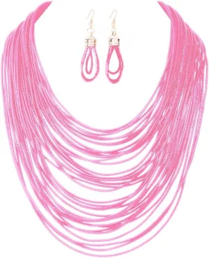 COLORFUL BLING African Multicolor Layered Chunky Bib Necklace for Women Tassel Wax Line Choker with Earrings Statement Jewelry Set
