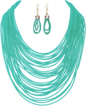 COLORFUL BLING African Multicolor Layered Chunky Bib Necklace for Women Tassel Wax Line Choker with Earrings Statement Jewelry Set