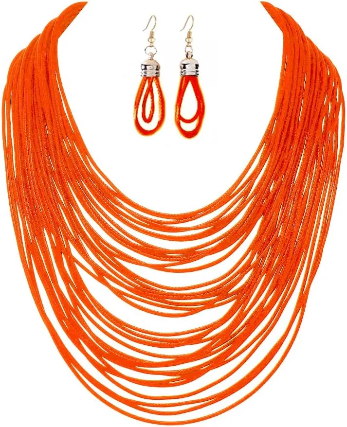 COLORFUL BLING African Multicolor Layered Chunky Bib Necklace for Women Tassel Wax Line Choker with Earrings Statement Jewelry Set