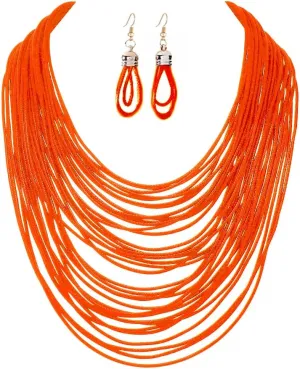 COLORFUL BLING African Multicolor Layered Chunky Bib Necklace for Women Tassel Wax Line Choker with Earrings Statement Jewelry Set