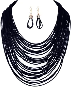 COLORFUL BLING African Multicolor Layered Chunky Bib Necklace for Women Tassel Wax Line Choker with Earrings Statement Jewelry Set