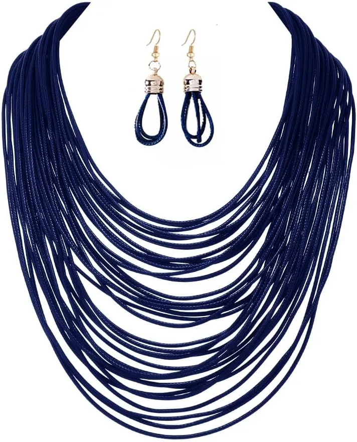 COLORFUL BLING African Multicolor Layered Chunky Bib Necklace for Women Tassel Wax Line Choker with Earrings Statement Jewelry Set