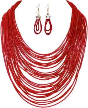 COLORFUL BLING African Multicolor Layered Chunky Bib Necklace for Women Tassel Wax Line Choker with Earrings Statement Jewelry Set