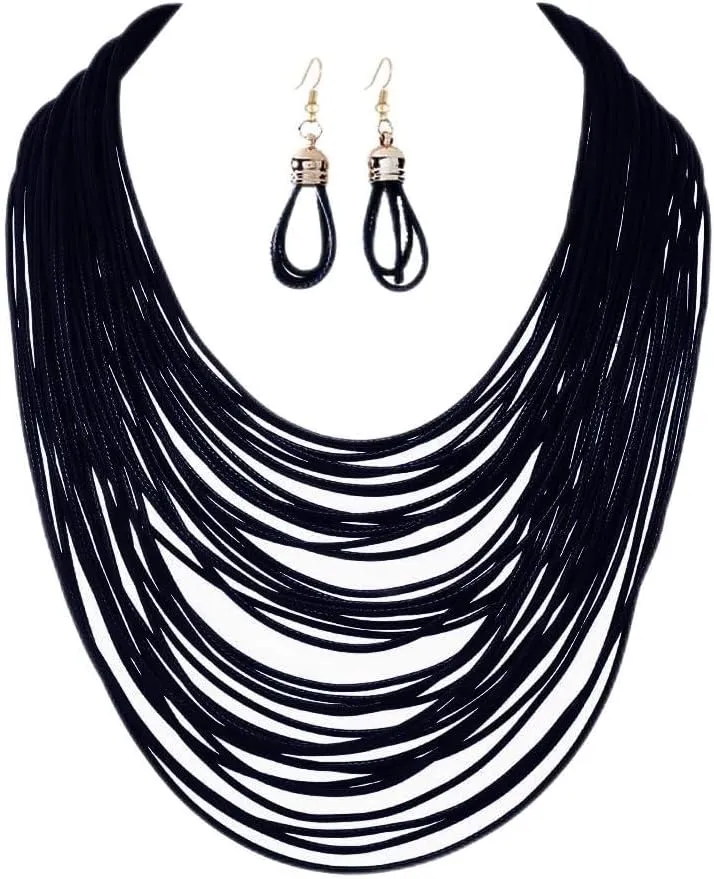 COLORFUL BLING African Multicolor Layered Chunky Bib Necklace for Women Tassel Wax Line Choker with Earrings Statement Jewelry Set