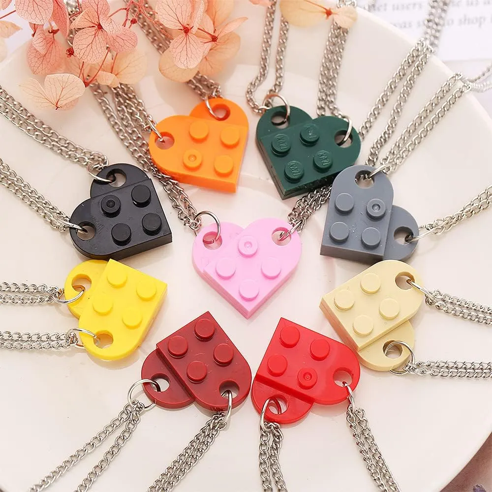 COLORFUL BLING Bricks Assembled Pendant Necklace Heart Shape Matching Geometric Block Charms Valentines Day Friendship Creative Jewelry Gift for Couple Lover Best Friends