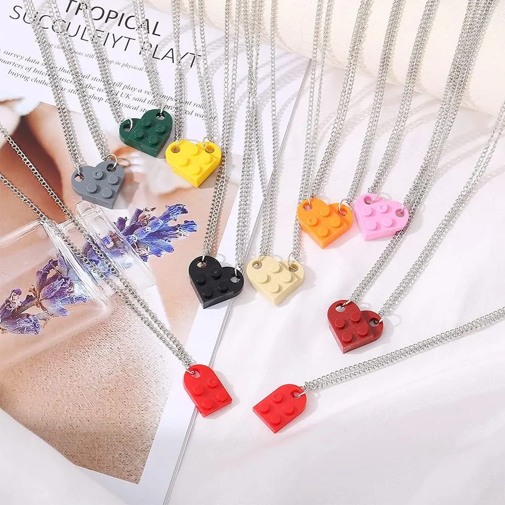COLORFUL BLING Bricks Assembled Pendant Necklace Heart Shape Matching Geometric Block Charms Valentines Day Friendship Creative Jewelry Gift for Couple Lover Best Friends
