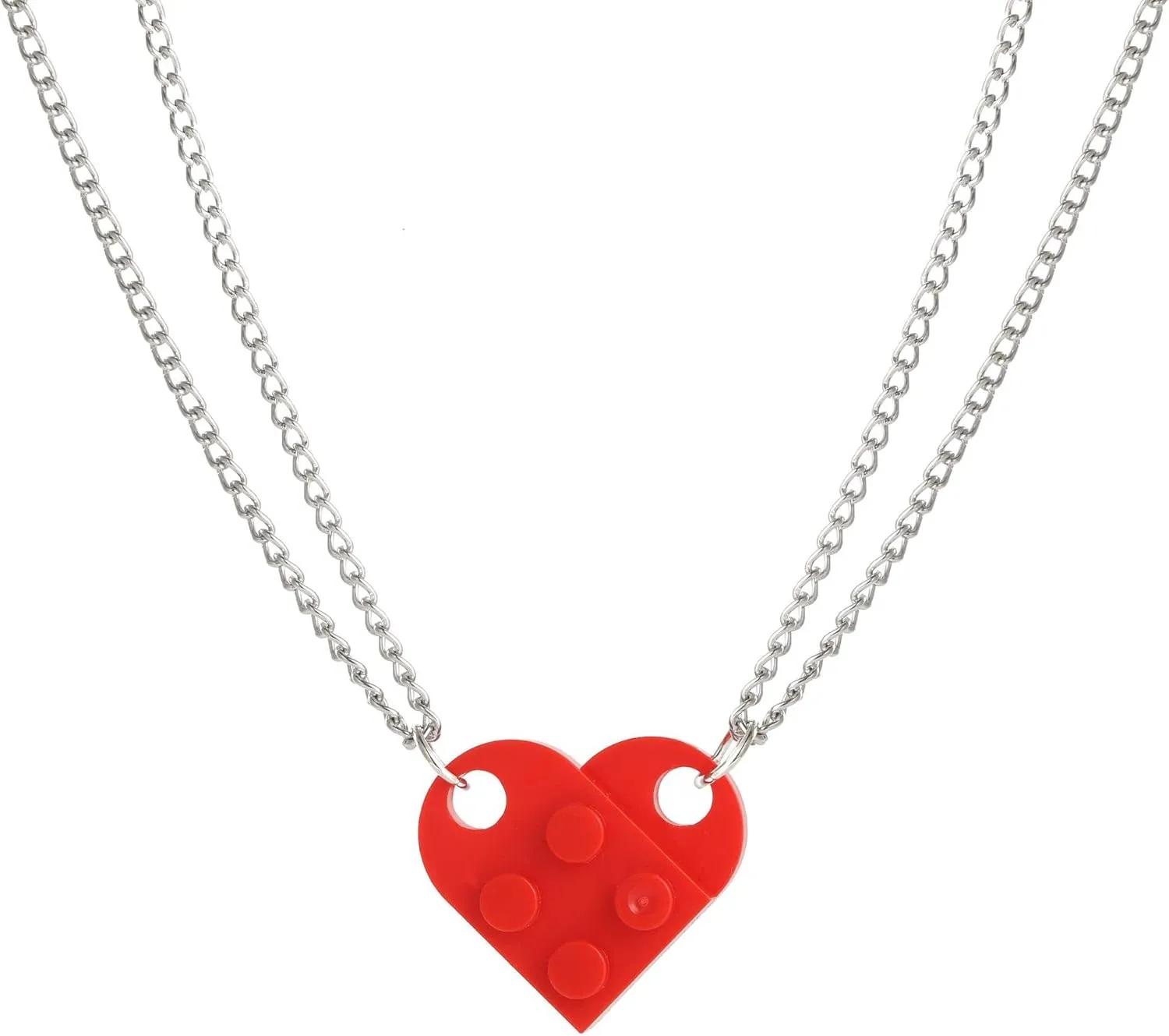 COLORFUL BLING Bricks Assembled Pendant Necklace Heart Shape Matching Geometric Block Charms Valentines Day Friendship Creative Jewelry Gift for Couple Lover Best Friends