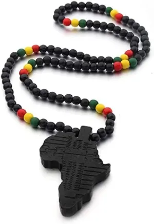 COLORFUL BLING Hip-hop Africa Map Pendant Necklace for Men African Continent Egyptian Multicolor 8MM Wooden Bead Chain Necklace Natural Wood Jewelry