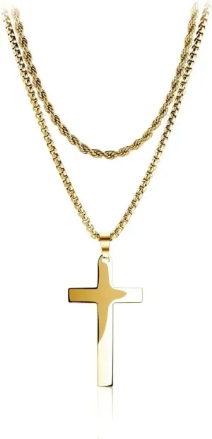 COLORFUL BLING Minimatli Layered Cross Pendant Necklace Stainless Steel Figaro Link Box Chain 18K Gold Silver Black for Men Boys Women Christian Religious Prayer Jewelry