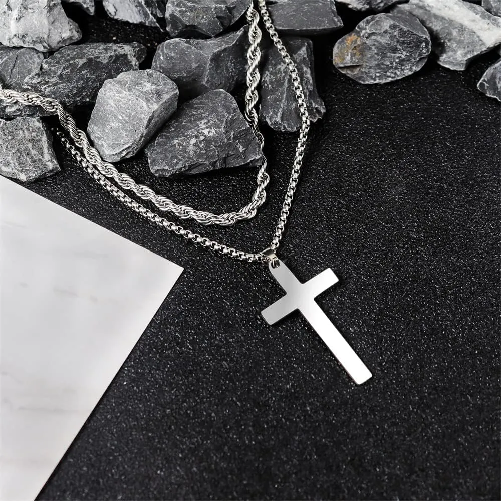COLORFUL BLING Minimatli Layered Cross Pendant Necklace Stainless Steel Figaro Link Box Chain 18K Gold Silver Black for Men Boys Women Christian Religious Prayer Jewelry