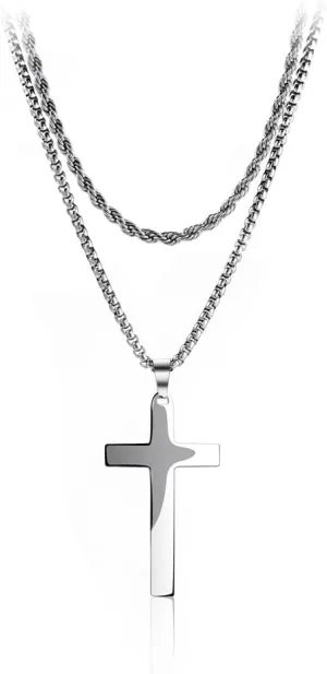 COLORFUL BLING Minimatli Layered Cross Pendant Necklace Stainless Steel Figaro Link Box Chain 18K Gold Silver Black for Men Boys Women Christian Religious Prayer Jewelry