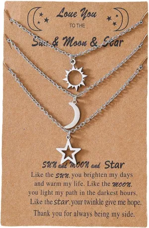 COLORFUL BLING Stainless Steel Sun and Moon Star Necklace 3 Best Friend Friendship Sister Set for Women Mom Daughter BFF Jewelry Gifts