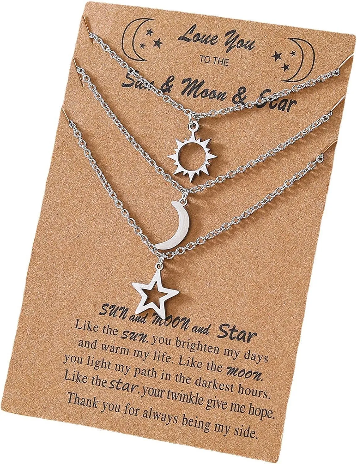 COLORFUL BLING Stainless Steel Sun and Moon Star Necklace 3 Best Friend Friendship Sister Set for Women Mom Daughter BFF Jewelry Gifts